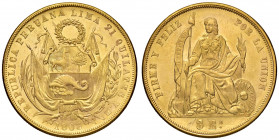 Perù. Repubblica (1822-). Da 8 escudos 1863 (Lima) AV gr. 27,00. Friedberg 68. Rara. Migliore di SPL