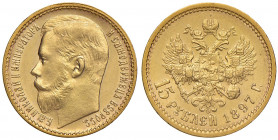 Russia. Nicola II (1894-1917). Da 15 rubli 1897 (San Pietroburgo) AV gr. 12,90. Friedberg 177. Conservazione insolita, migliore di SPL 700