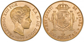 Spagna. Alfonso XIII (1886-1931). Da 100 pesetas 1897 (riconio di 810 esemplari del 1961) AV gr. 32,23. Friedberg 347R. q.FDC