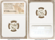 M. Baebius Q.f. Tampilus (ca. 137 BC). AR denarius (19mm, 3.91 gm, 8h). NGC MS 5/5 - 4/5. Head of Roma left, wearing pendant earring, beaded necklace,...