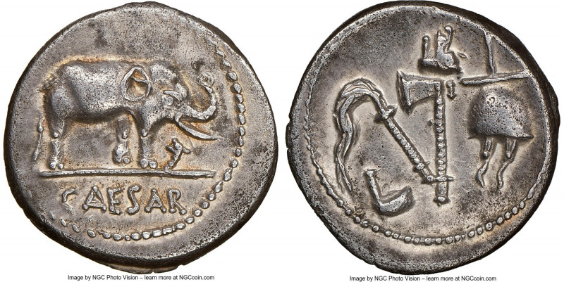 Julius Caesar, as Dictator (49-44 BC). AR denarius (19mm, 3.95 gm, 9h). NGC AU 5...