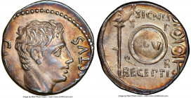 Augustus (27 BC-AD 14). AR denarius (18mm, 3.68 gm, 7h). NGC AU 4/5 - 3/5, scratches. Spanish mint, ca. 19 BC. CAESAR-AVGVSTVS, bare head of Augustus ...