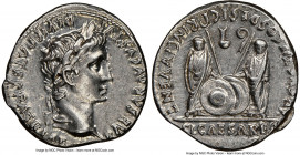 Augustus (27 BC-AD 14). AR denarius (19mm, 3.81 gm, 11h). NGC AU 5/5 - 3/5, edge scuff. Lugdunum, 2 BC-AD 4. CAESAR AVGVSTVS-DIVI F PATER PATRIAE, lau...