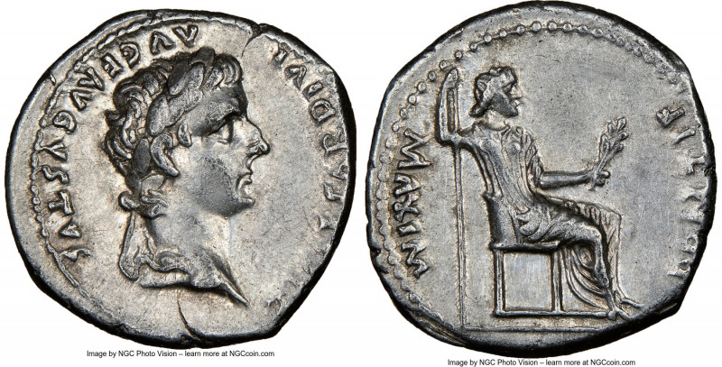 Tiberius (AD 14-37). AR denarius (19mm, 3.65 gm, 2h). NGC AU 4/5 - 4/5. Lugdunum...