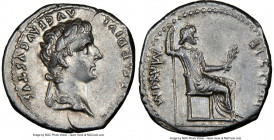 Tiberius (AD 14-37). AR denarius (19mm, 3.65 gm, 2h). NGC AU 4/5 - 4/5. Lugdunum. TI CAESAR DIVI-AVG F AVGVSTVS, laureate head of Tiberius right / PON...