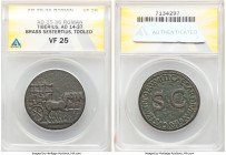 Tiberius (AD 14-37). AE sestertius (34mm, 22.90 gm, 12h). ANACS VF 25, tooled. Rome, AD 35-36. Empty carpentum drawn by four horses right; its side or...