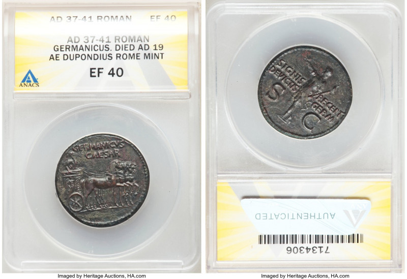 Germanicus (died AD 19). AE dupondius (29mm, 16.51 gm, 8h). ANACS XF 40. Rome, A...