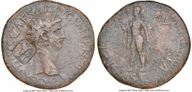 Claudius I (AD 41-54). AE sestertius (37mm, 25.33 gm, 1h). NGC Choice VF 4/5 - 2/5, countermark. Rome, AD 42-43. TI•CLAVDIVS•CAESAR•AVG•P•M•TR•P•IMP•P...