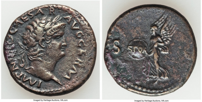Nero (AD 54-68). AE as (26mm, 10.98 gm, 6h). VF, porosity. Rome, AD 66. IMP NERO...