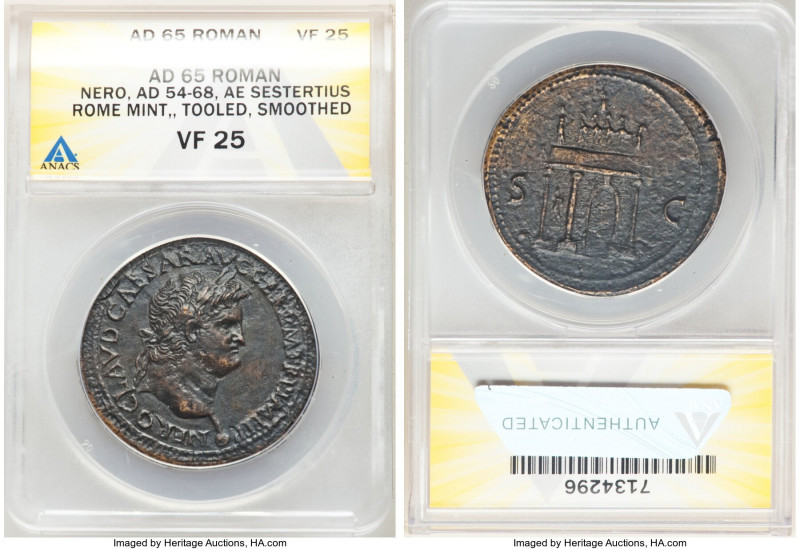 Nero (AD 54-68). AE sestertius (37mm, 21.07 gm, 7h). ANACS VF 25, tooled, smooth...