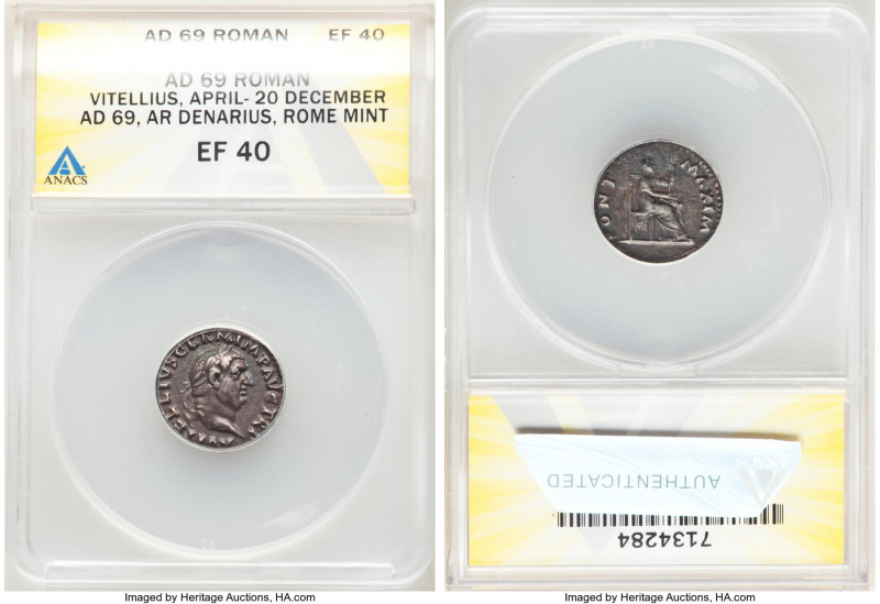 Vitellius (July-December AD 69). AR denarius (18mm, 6h). ANACS XF 40. Rome. A VI...
