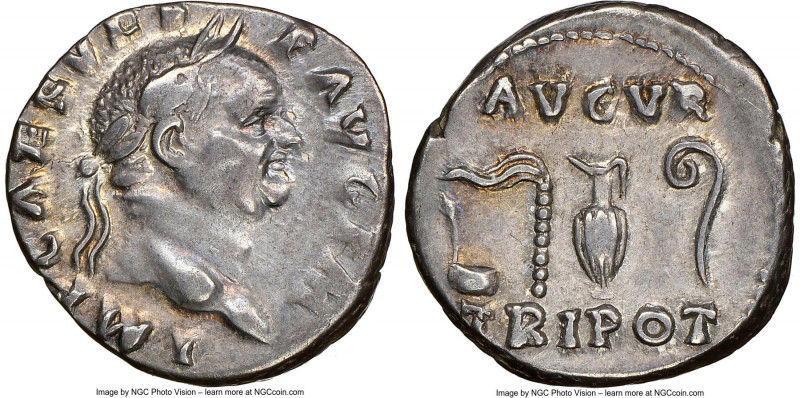 Vespasian (AD 69-79). AR denarius (17mm, 3.08 gm, 6h). NGC XF, flan flaws. Rome,...