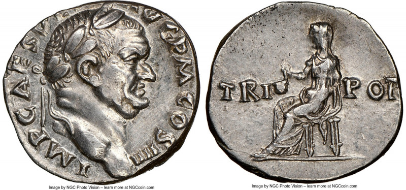 Vespasian (AD 69-79). AR denarius (17mm, 3.16 gm, 6h). NGC AU, brushed. Rome, AD...
