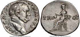 Vespasian (AD 69-79). AR denarius (17mm, 3.16 gm, 6h). NGC AU, brushed. Rome, AD 72-73. IMP CAES VESP-AVG P M COS IIII, laureate head of Vespasian rig...