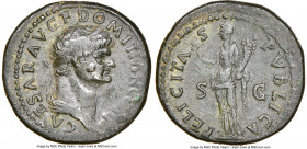 Domitian, as Caesar (AD 81-96). AE dupondius or as (27mm, 13.96 gm, 6h). NGC VF. Rome, AD 73-74. CAESAR AVG F DOMITIAN COS II, laureate, draped bust o...