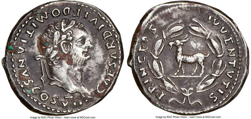 Domitian, as Caesar (AD 81-96). AR denarius (19mm, 3.29 gm, 6h). NGC XF, edge sc...