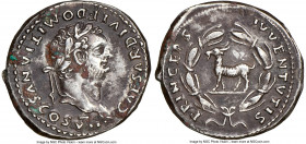 Domitian, as Caesar (AD 81-96). AR denarius (19mm, 3.29 gm, 6h). NGC XF, edge scuff. Rome, AD 80-81. CAESAR•DIVI F DOMITIANVS COS VII•, laureate head ...