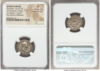 Domitian, as Caesar (AD 81-96). AR denarius (19mm, 3.56 gm, 6h). NGC VF 5/5 - 4/5. Rome, AD 80-81. CAESAR DIVI F DOMITIANVS COS VII•, laureate head of...