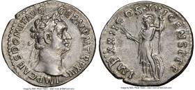 Domitian, as Augustus (AD 81-96). AR denarius (20mm, 3.48 gm, 7h). NGC XF. Rome, AD 86. IMP CAES DOMIT AVG-GERM P M TR P XIII, laureate head of Domiti...