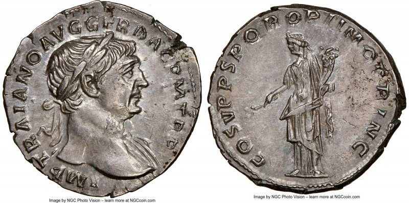 Trajan (AD 98-117). AR denarius (19mm, 3.43 gm, 7h). NGC Choice AU 5/5 - 4/5. Ro...