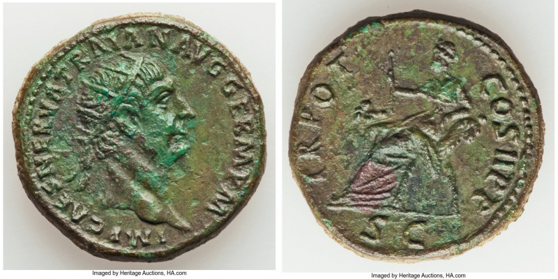Trajan (AD 98-117). AE dupondius (29mm, 13.79 gm, 7h). VF, smoothing. Rome, AD 9...