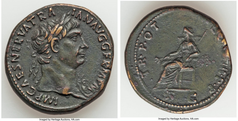 Trajan (AD 98-117). AE sestertius (35mm, 26.91 gm, 6h). Choice VF, edge hammered...