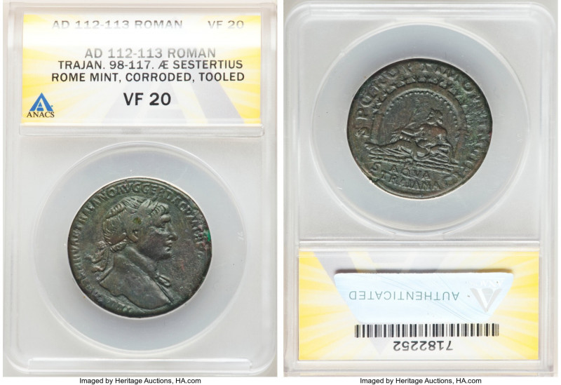 Trajan (AD 98-117). AE sestertius (31mm, 23.62 gm, 7h). ANACS VF 20, corroded, t...