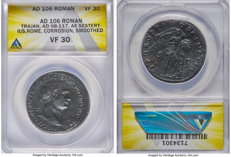 Trajan (AD 98-117). AE sestertius (34mm, 24.67 gm, 6h). ANACS VF 30, corrosion, ...