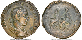 Philip II, as Augustus (AD 247-249). AE sestertius (28mm, 20.25 gm, 12h). NGC XF. Rome, AD 246-249. IMP M IVL PHILIPPVS AVG, laureate, draped, and cui...