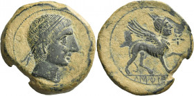 Greek Coins. Castulo. 
Unit or as mid 2nd century BC, Æ 20.63 g. Diademed male head r. Rev. kastilo in Iberian characters Sphinx advancing r.; in r. ...