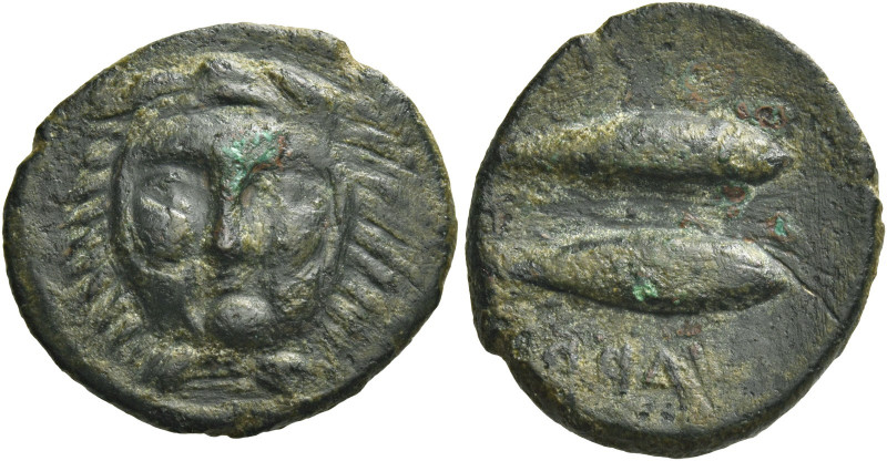 Greek Coins. Gadir. 
Half unit or semis circa 235-200, Æ 3.68 g. Head of Melqar...