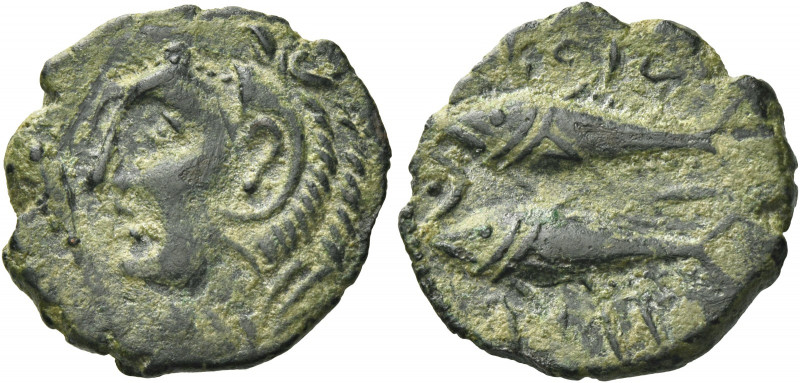 Greek Coins. Gadir. 
Half unit or semis circa 235-200, Æ 4.34 g. Head of Melqar...