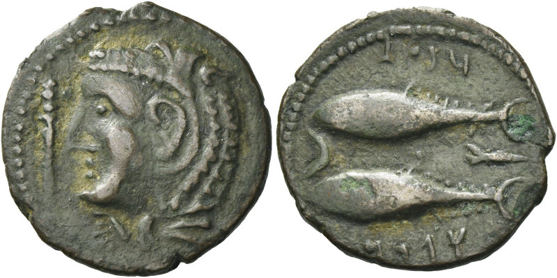 Greek Coins. Gadir. 
Half unit or semis circa 235-200, Æ 4.08 g. Head of Melqar...