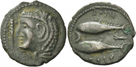 Greek Coins. Gadir. 
Half unit or semis circa 235-200, Æ 4.08 g. Head of Melqart l., wearing lion's skin headdress; below chin, club. Rev. mp’l – ‘gd...