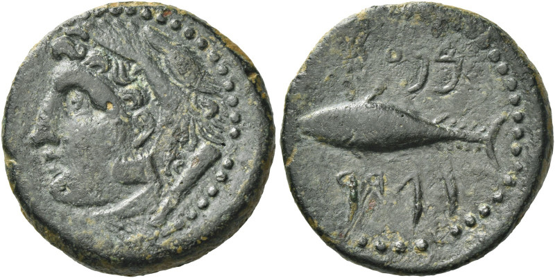 Greek Coins. Gadir. 
Half unit or semis 2nd century BC, Æ 6.44 g. Head of Melqa...