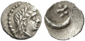 Greek Coins. Uncertain mint in Spain. 
Hemitetartemorion or 1/72 shekel end of 3rd century BC, AR 0.07 g. Laureate head of Apollo r. Rev. Star above ...