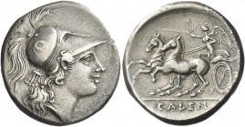 Greek Coins. Campania, Cales. 
Didrachm circa 265-240, AR 7.21 g. Helmeted head of Minerva r.; behind neck-guard, tripod. Rev. CALEN[O] Victory in pr...