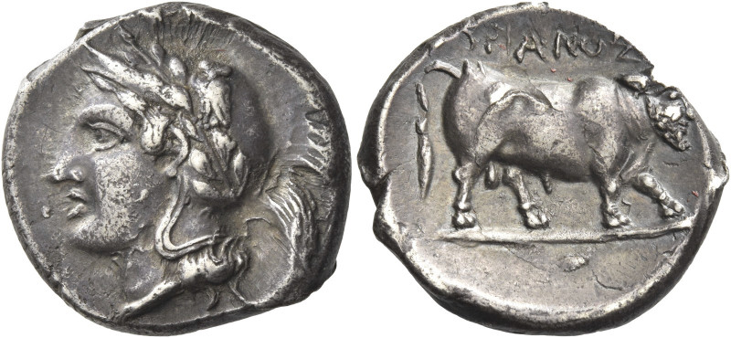Greek Coins. Hyria. 
Didrachm circa 405-385, AR 7.32 g. Helmeted head of Athena...