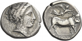 Greek Coins. Neapolis. 
Didrachm circa 350-325, AR 7.34 g. Head of nymph r., hair bound with ribbon, wearing necklace; behind, E. Rev. [NEAPOLITHS] M...