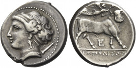Greek Coins. Neapolis. 
Didrachm circa 275-250, AR 7.28 g. Head of nymph l., hair bound with ribbon, wearing necklace; behind, quiver. Rev. NEAPOLITW...