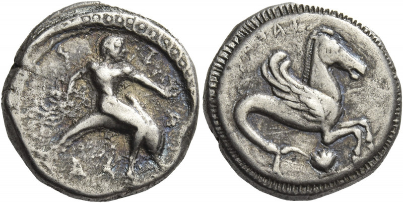 Greek Coins. Calabria, Tarentum. 
Nomos circa 500-490, AR 8.01 g. TAPAS retrogr...