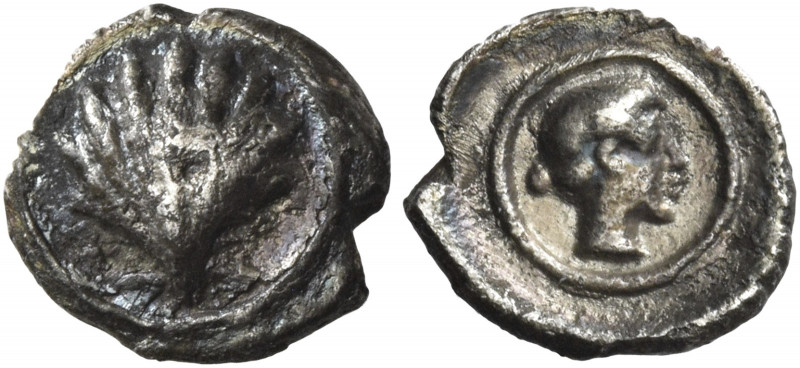 Greek Coins. Calabria, Tarentum. 
Litra circa 470-450, AR 0.71 g. Cockle-shell ...