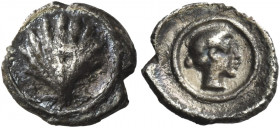 Greek Coins. Calabria, Tarentum. 
Litra circa 470-450, AR 0.71 g. Cockle-shell within linear circle. Rev. Female head r. within linear circle. Vlasto...