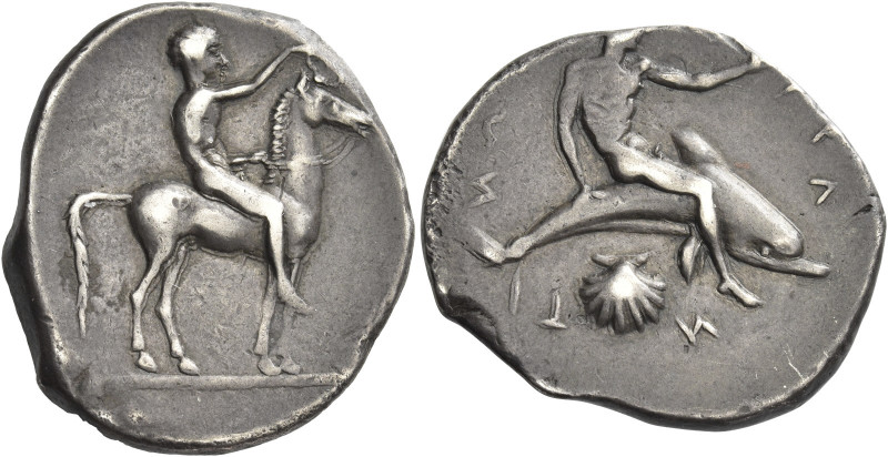 Greek Coins. Calabria, Tarentum. 
Nomos circa 430-425, AR 7.69g. [T]A – PA – N ...