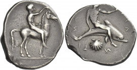 Greek Coins. Calabria, Tarentum. 
Nomos circa 430-425, AR 7.69g. [T]A – PA – N – TI – NW – N Dolphin rider advancing r., extending his l. arm and res...