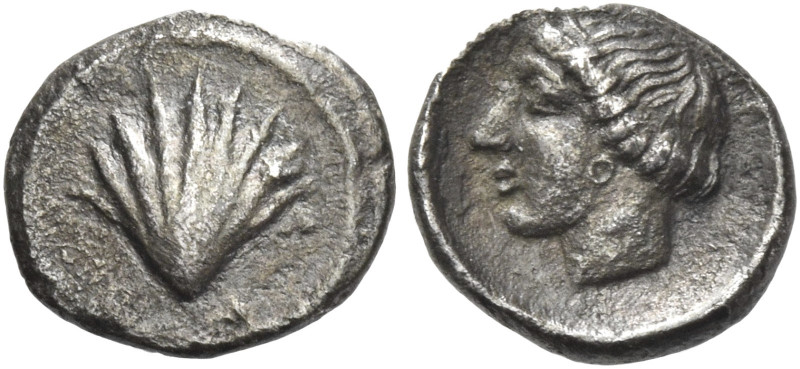 Greek Coins. Calabria, Tarentum. 
Litra circa 430, AR 0.77g. Cockle-shell. Rev....