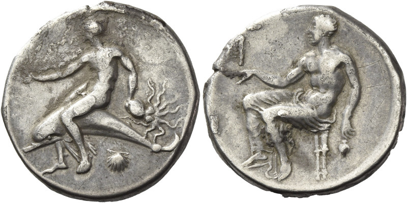 Greek Coins. Calabria, Tarentum. 
Nomos circa 425-415, AR 7.94 g. Dolphin rider...