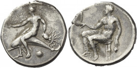 Greek Coins. Calabria, Tarentum. 
Nomos circa 425-415, AR 7.94 g. Dolphin rider l., holding octopus; below cockle-shell. Rev. Oecist seated l. on sto...