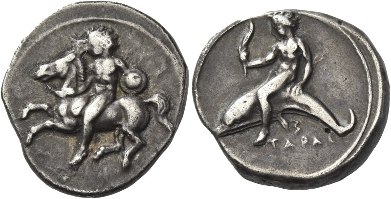 Greek Coins. Calabria, Tarentum. 
Nomos circa 400-390, AR 7.84 g. Rider, holdin...