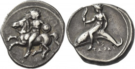 Greek Coins. Calabria, Tarentum. 
Nomos circa 400-390, AR 7.84 g. Rider, holding shield, vaulting from horse prancing l. Rev. TAPAS Dolphin rider l.,...